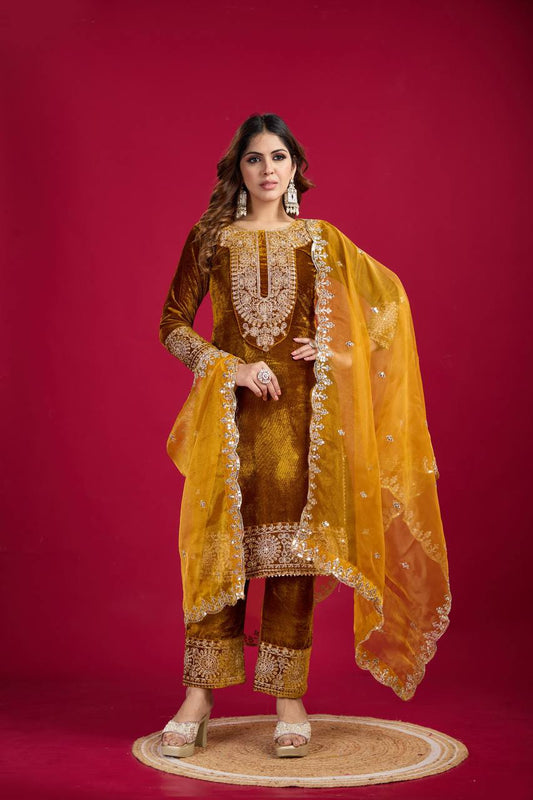 Function Wear Velvet Mustard Color Salwar Suit By WTW
