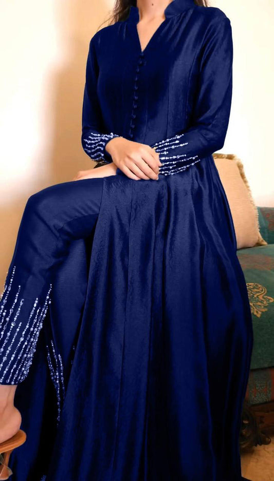 Royal Blue Chinon Silk Sequence Work Top With Pant By WTW