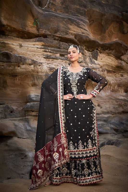 Black Faux Georgette Sequence Embroidery Work Sharara Suit By WTW