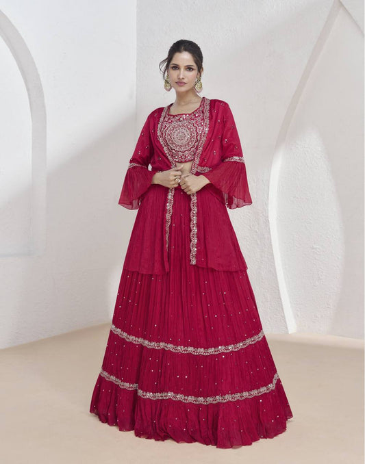 Red Georgette Sharara Suit With Embroidered Net Dupatta By WTW