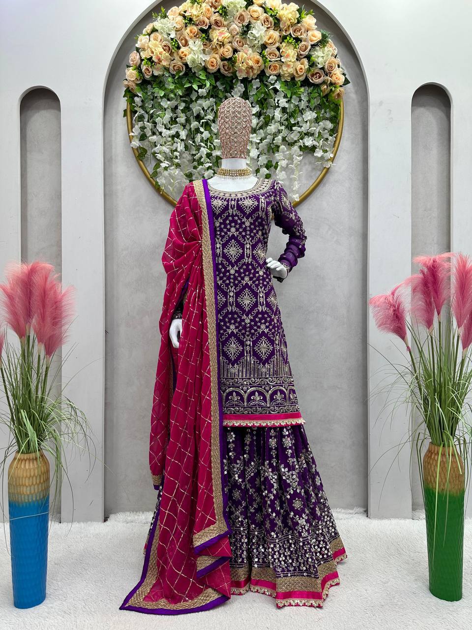 Peaceful Purple Color Thread With Sequnce Work Sharara Suit By WTW