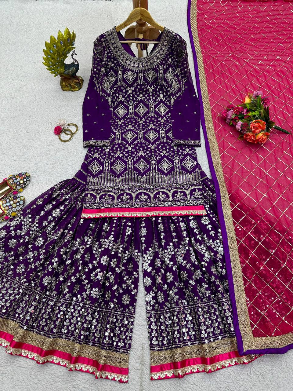 Peaceful Purple Color Thread With Sequnce Work Sharara Suit By WTW