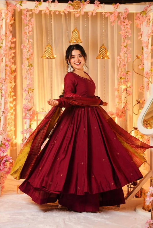 Maroon Color Chinon Anarkali Suit With Embroidery Work And Printed Dupatta By WTW