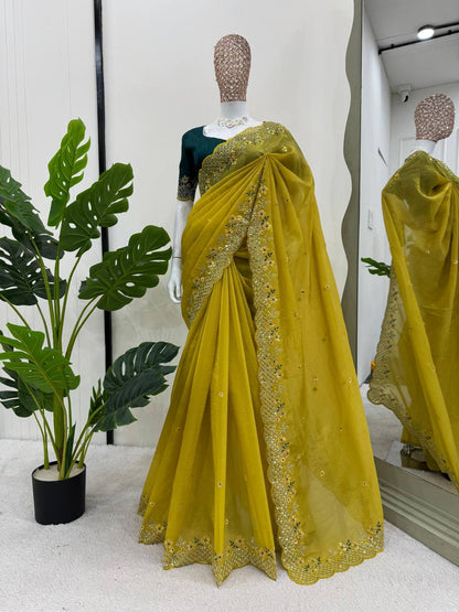 Designer Crunchy Silk Saree With Sequence And Thread Work By WTW