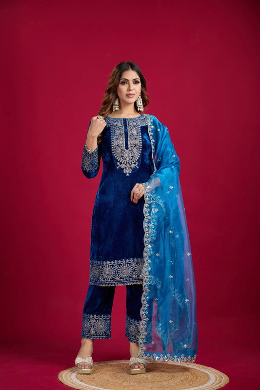 Royal Blue Viscose Velvet Sequence Embroidery Work Salwar Suit By WTW