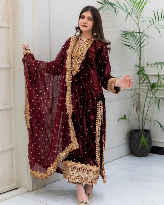 Exciting Marron Color Velvet Georgette Embroidery Sequence Salwar Suit By WTW