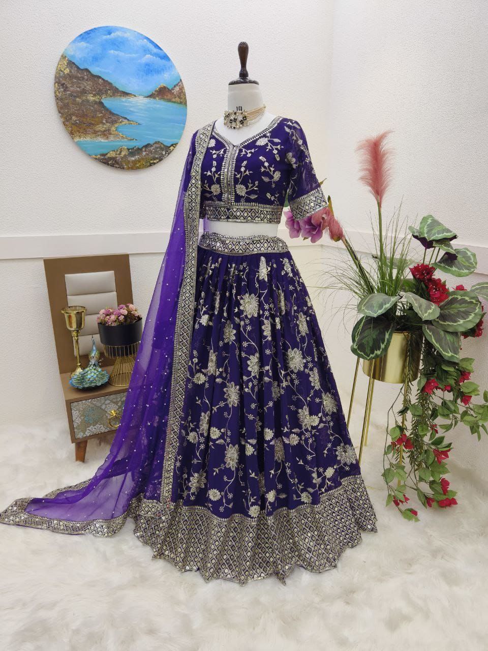 Wedding Wear Navy Blue Colour Lehenga Choli In Georgette With Embroidery Work By WTW