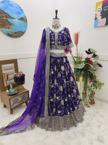 Wedding Wear Navy Blue Colour Lehenga Choli In Georgette With Embroidery Work By WTW