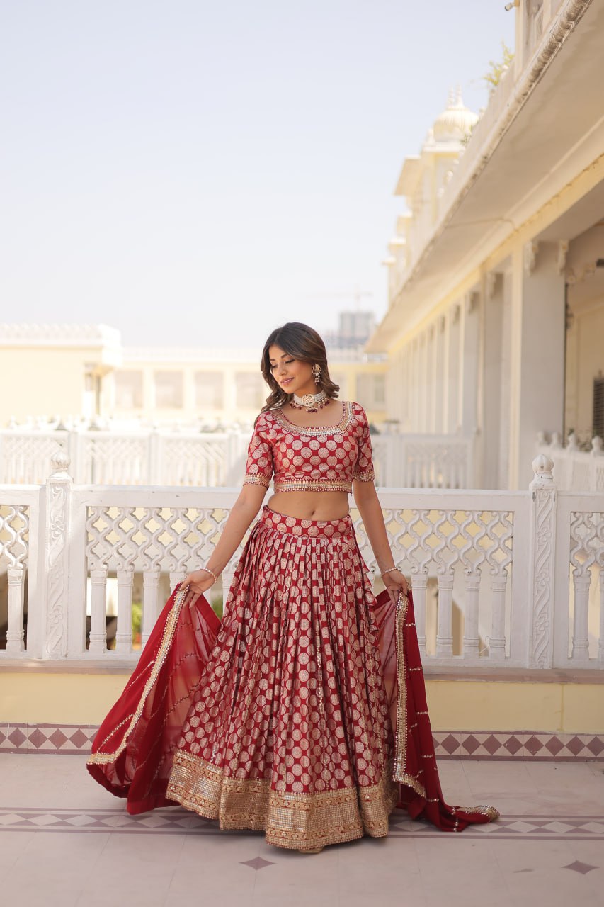 Red Sequin Embroidered Pure Dyeable Viscose Jacquard Lehenga Set By WTW