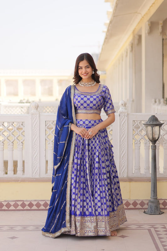 Woven Art Viscose Silk Jacquard Lehenga In Blue By WTW