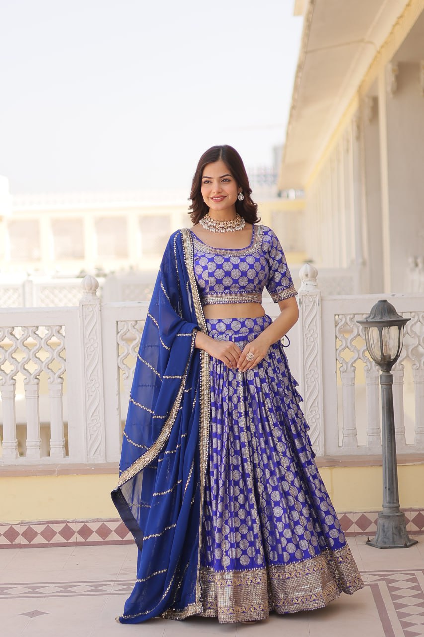 Woven Art Viscose Silk Jacquard Lehenga In Blue By WTW