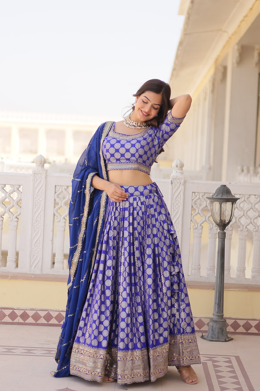 Woven Art Viscose Silk Jacquard Lehenga In Blue By WTW