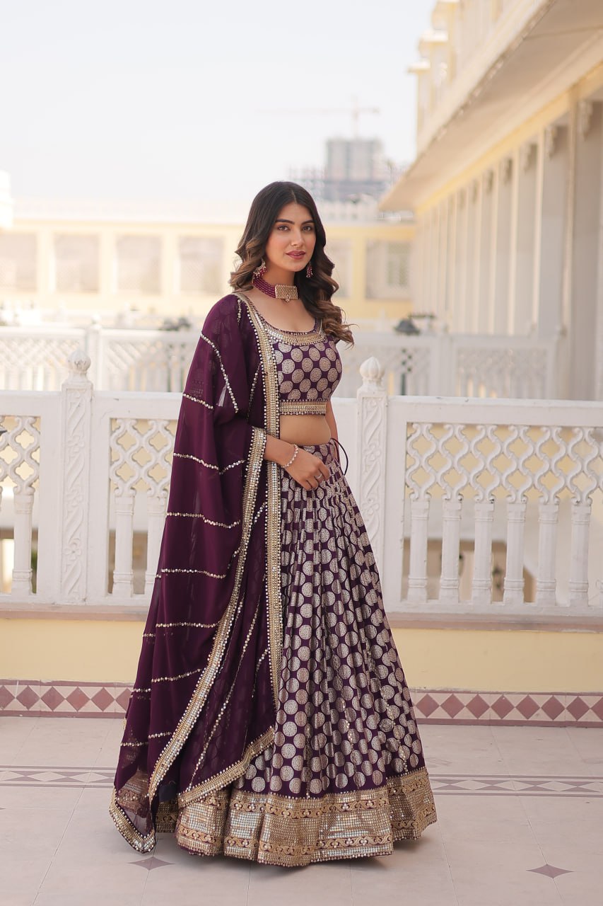 Wine Sequin Embroidered Pure Dyeable Viscose Jacquard Lehenga Set By WTW