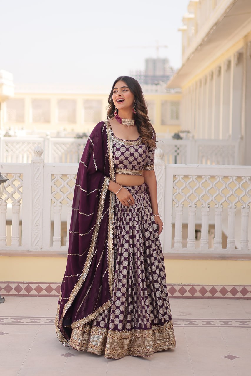 Wine Sequin Embroidered Pure Dyeable Viscose Jacquard Lehenga Set By WTW