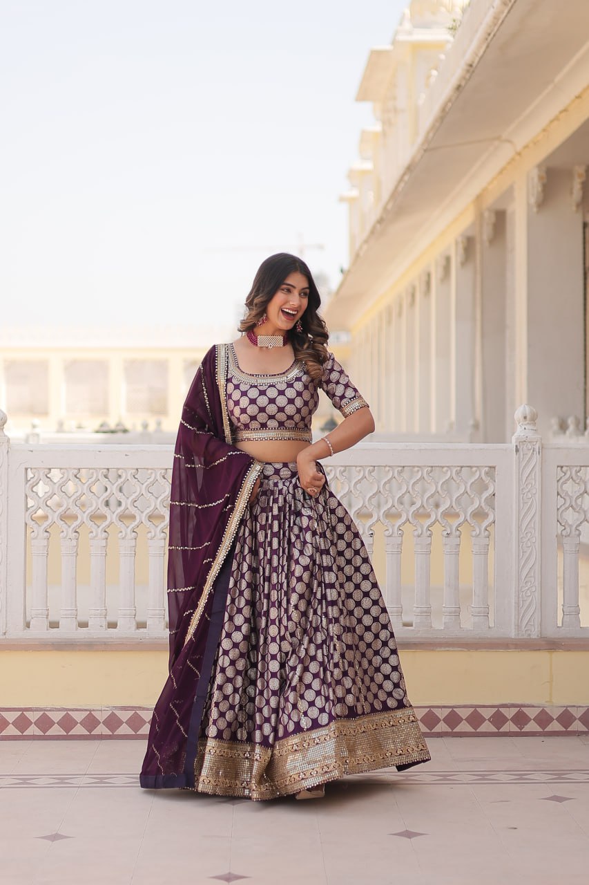 Wine Sequin Embroidered Pure Dyeable Viscose Jacquard Lehenga Set By WTW