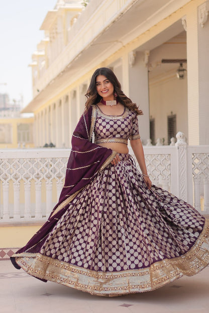 Wine Sequin Embroidered Pure Dyeable Viscose Jacquard Lehenga Set By WTW