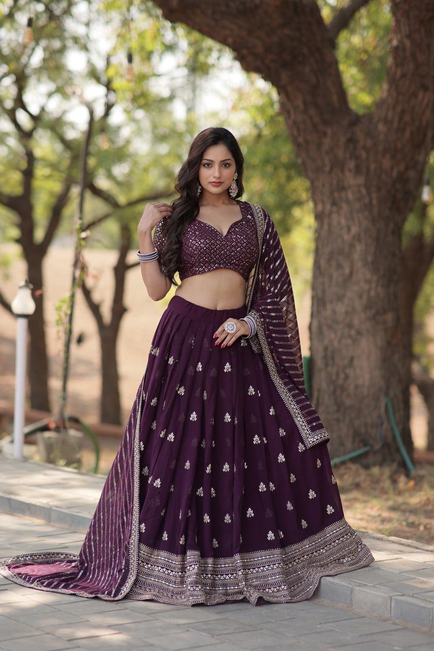 Embroidered Silk Georgette Semi Stitched Lehenga And Unstitched Blouse With Dupatta By WTW