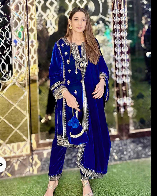 Royal Blue Velvet Suit With Sequence Embroidery Bollywood Velvet Suit By WTW