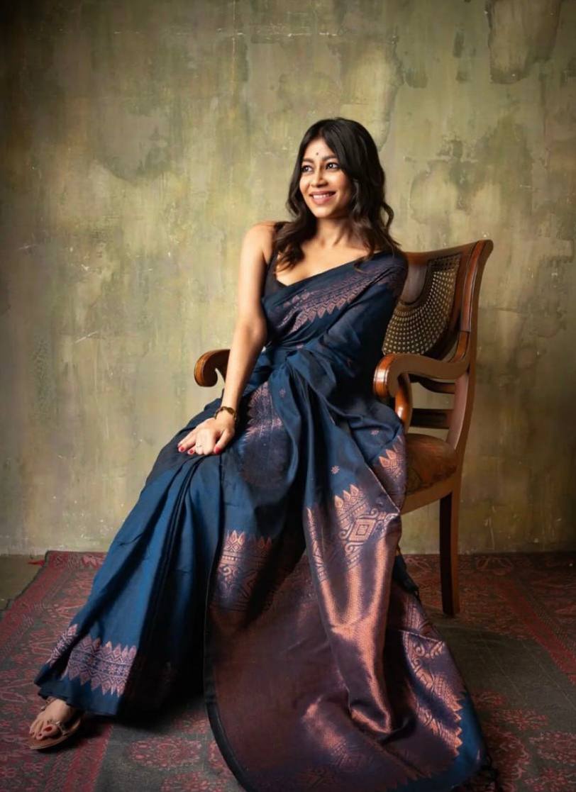 Bewitching Navy Blue Soft Silk Saree With Cynosure Blouse Pieced By WTW