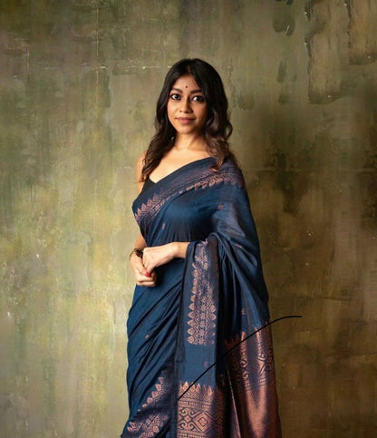 Bewitching Navy Blue Soft Silk Saree With Cynosure Blouse Pieced By WTW