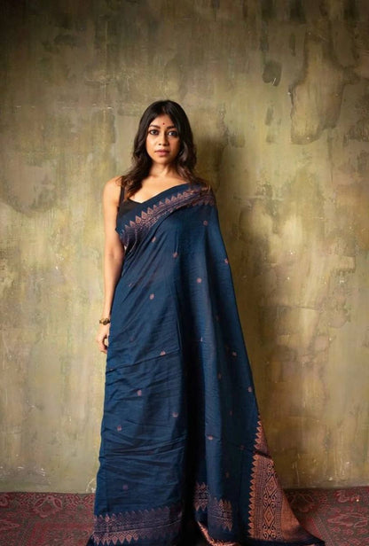 Bewitching Navy Blue Soft Silk Saree With Cynosure Blouse Pieced By WTW