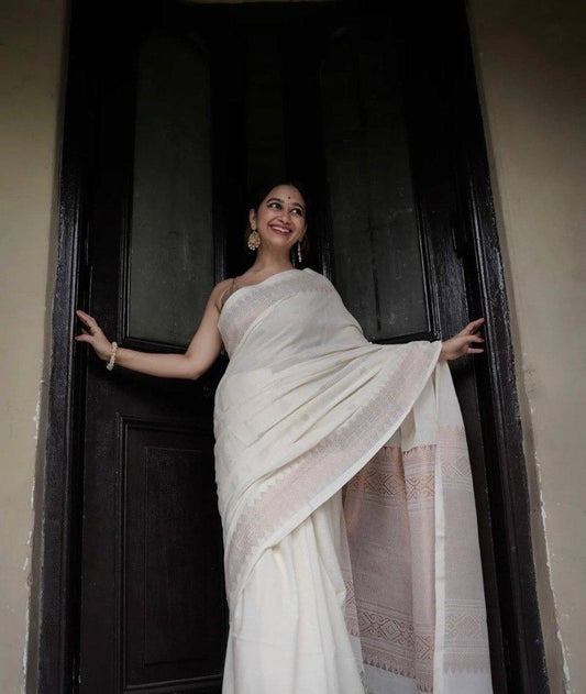 White Color Banarasi Jacquard Soft Silk Saree By WTW