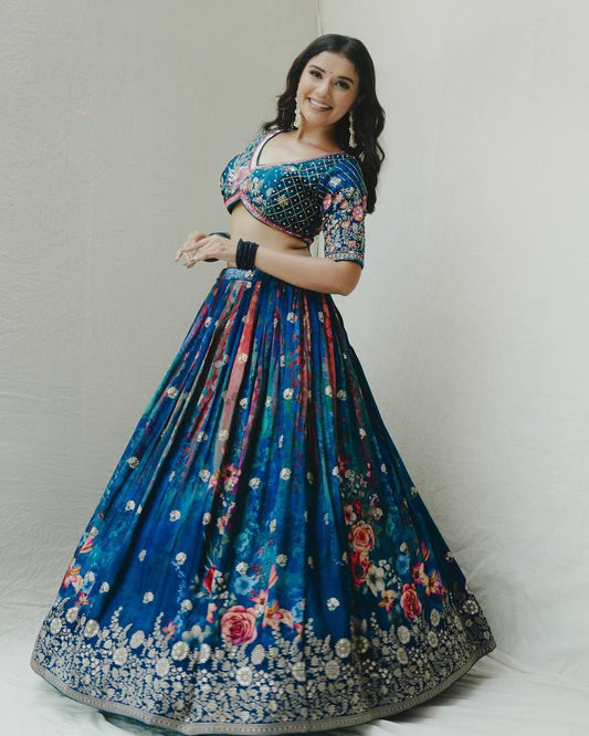 Blue Sequin Thread Embroidered Faux Georgette Lehenga Set By WTW