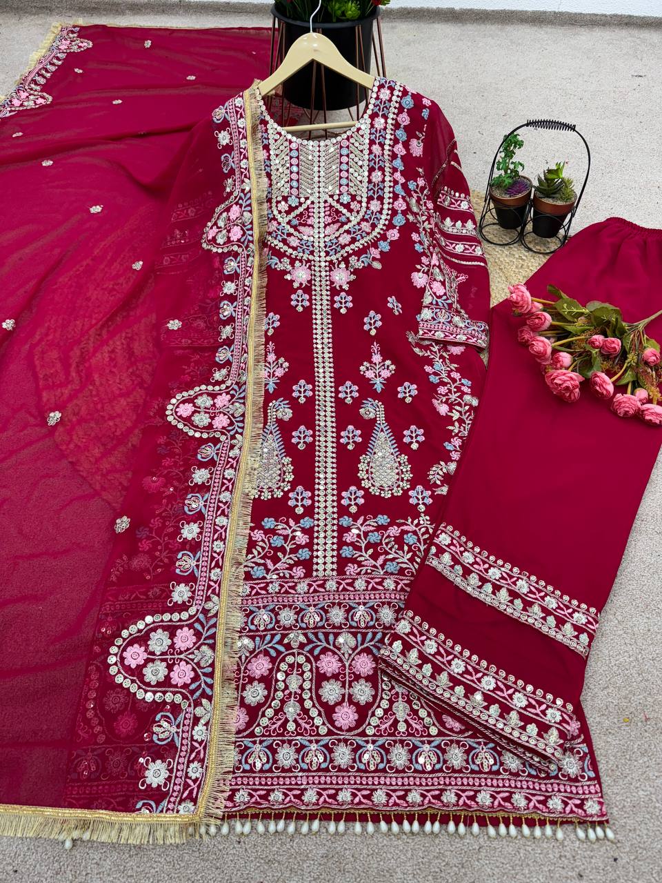 Designer Georgette Embroidery Sequence Work Top Palazzo With Dupatta Maroon By WTW