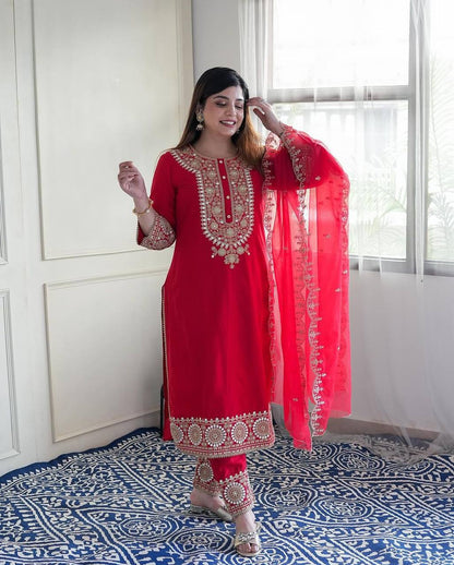 Red Chinon Silk Cording Dori Work Salwar Suit By WTW