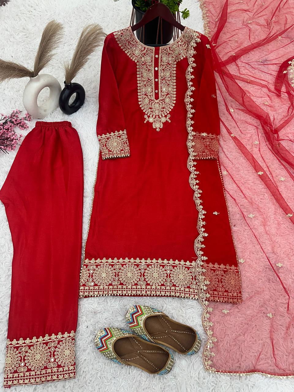 Red Chinon Silk Cording Dori Work Salwar Suit By WTW