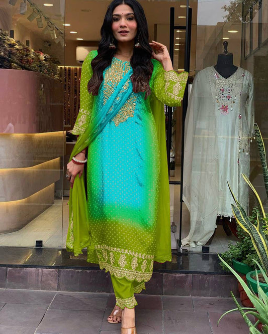 Mehendi Green Chinon Silk Cording Dori Work Salwar Suit By WTW