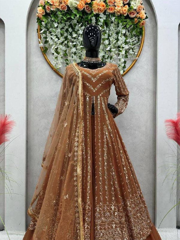 Brown Faux Georgette Sequence Work Gown By WTW