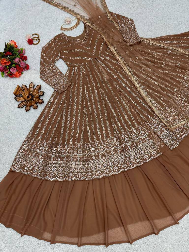 Brown Faux Georgette Sequence Work Gown By WTW