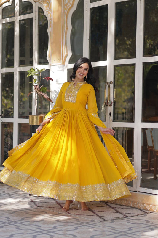 Sahasra Yellow Georgette Embroidered Gown Set By WTW