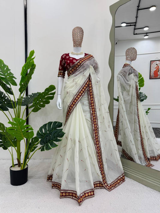 Off-white Sequins Embroidered Organza Saree With Readymade Blouse By WTW