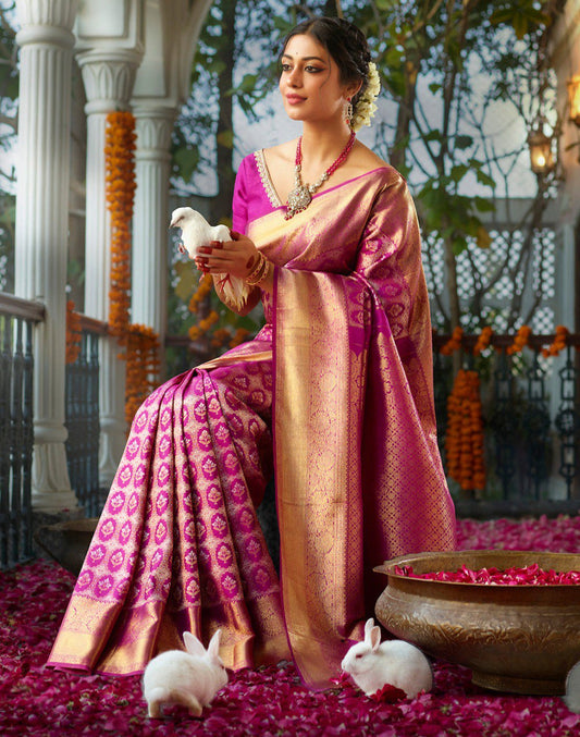 Elegant Magenta Floral Design Pure Silk Kanjivaram Saree By WTW