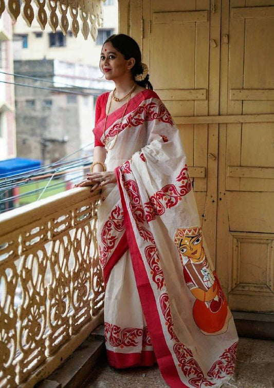 White And Red Color Banarasi Soft Silk Saree By WTW