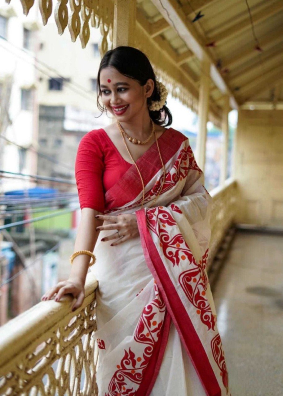 White And Red Color Banarasi Soft Silk Saree By WTW