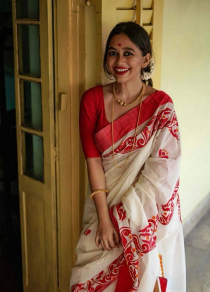 White And Red Color Banarasi Soft Silk Saree By WTW