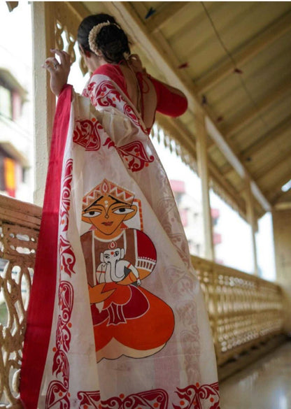 White And Red Color Banarasi Soft Silk Saree By WTW
