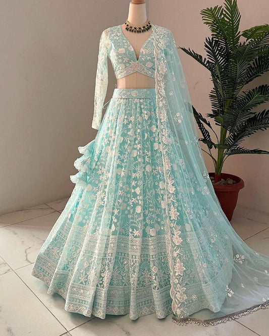 Stunning Thread Work Sky Blue Color Lehenga Choli By WTW