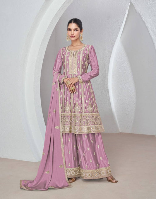 Purple Chinnon Silk Palazzo Suit With Embroidered Dupatta By WTW