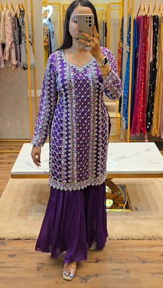 Purple Faux Georgette Thread Work Sharara Suit With Dupatta By WTW