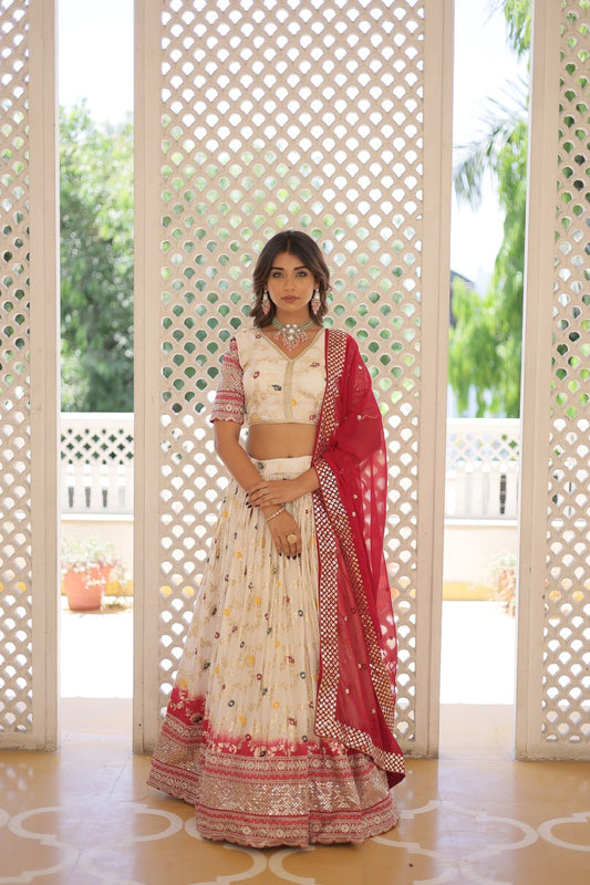 White Viscose Jacquard Sequin Embroidered Lehenga Set By WTW