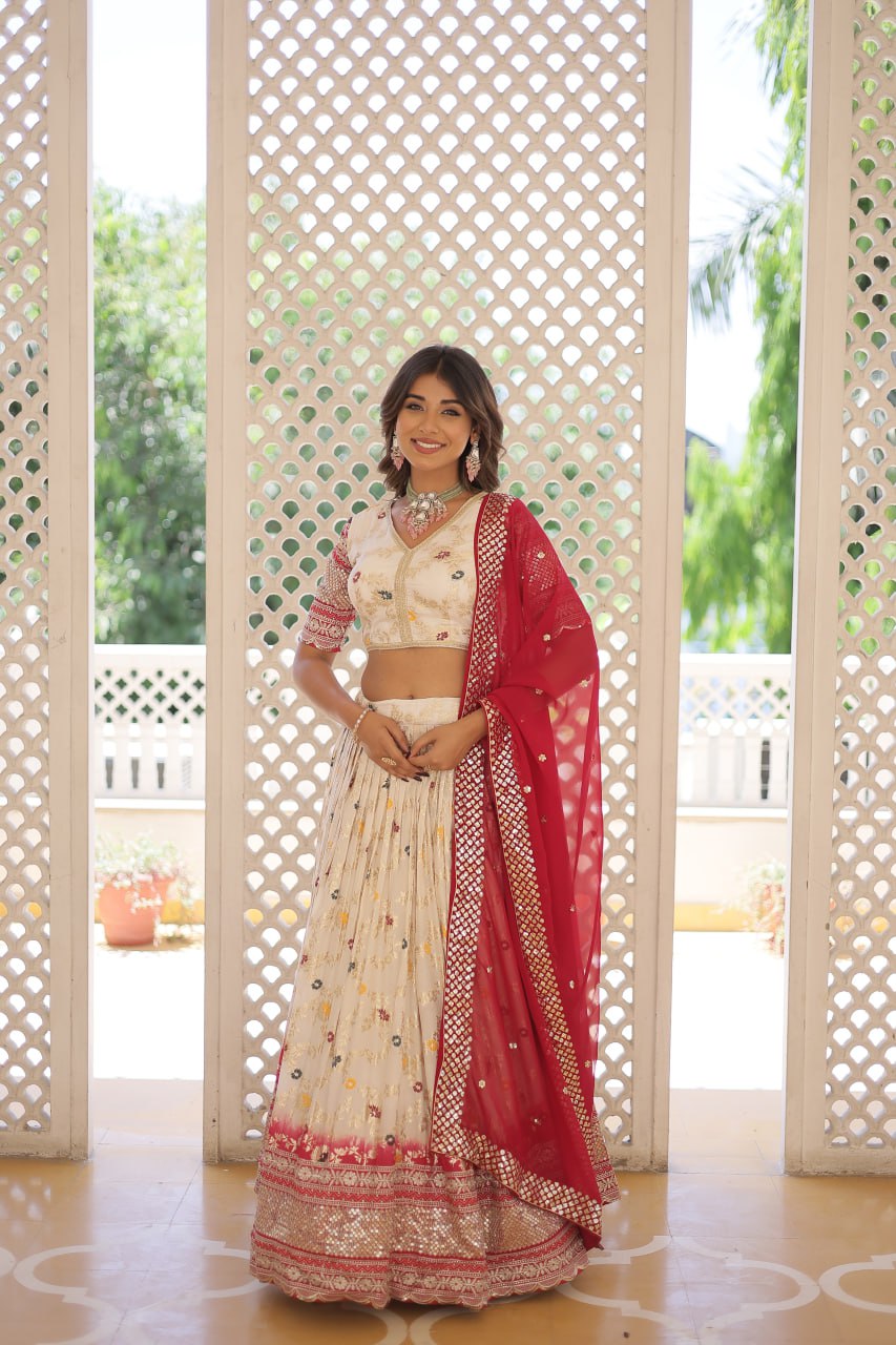 White Viscose Jacquard Sequin Embroidered Lehenga Set By WTW