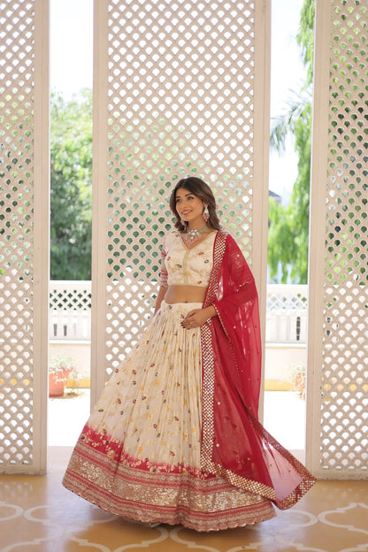 White Viscose Jacquard Sequin Embroidered Lehenga Set By WTW