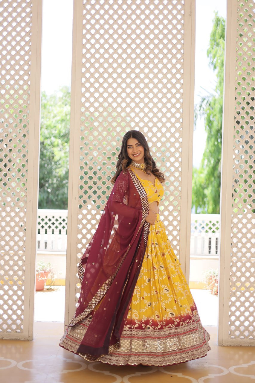 Lovely Yellow Sequins Jacquard Haldi Wear Lehenga Choli With Dupatta By WTW