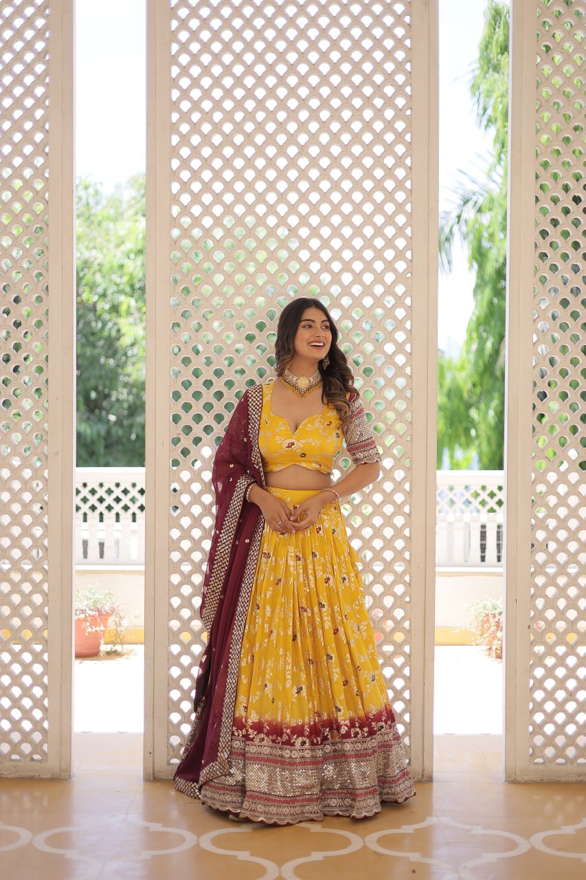 Lovely Yellow Sequins Jacquard Haldi Wear Lehenga Choli With Dupatta By WTW