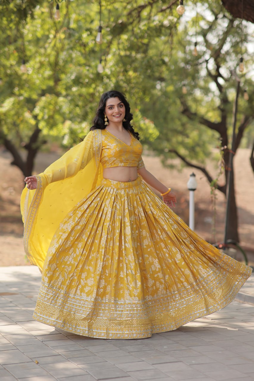 Woven Viscose Silk Jacquard Lehenga In Yellow By WTW