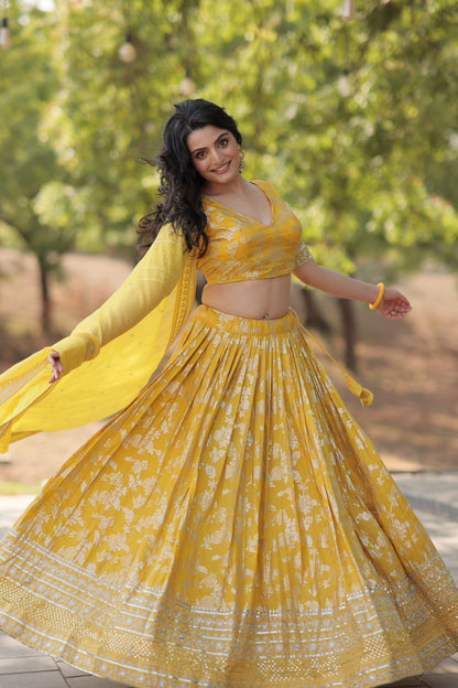 Woven Viscose Silk Jacquard Lehenga In Yellow By WTW